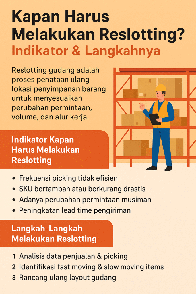 Infografis kapan harus melakukan reslotting gudang, indikator dan langkah-langkah penerapan reslotting