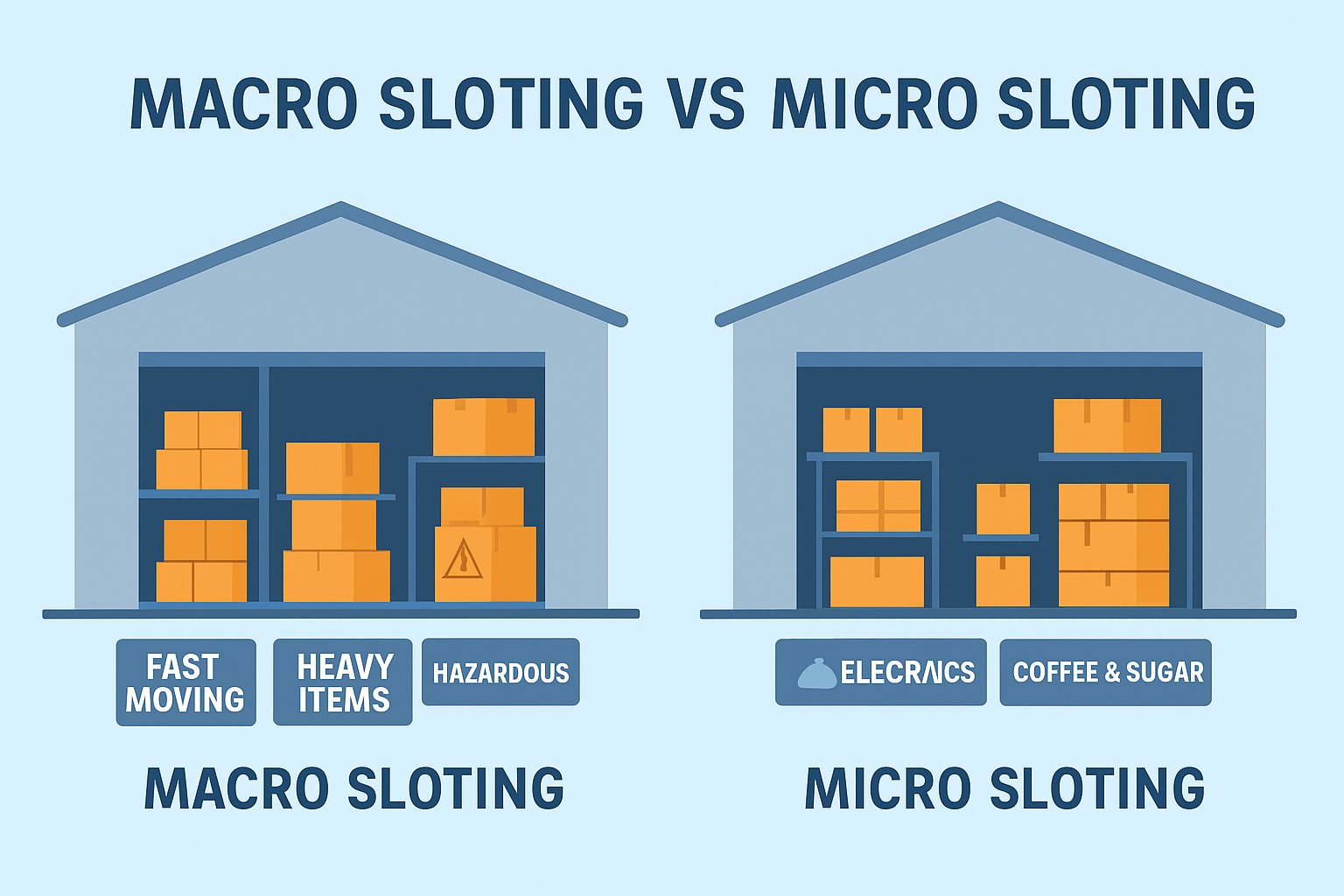 Ilustrasi perbedaan macro slotting dan micro slotting dalam strategi penataan gudang