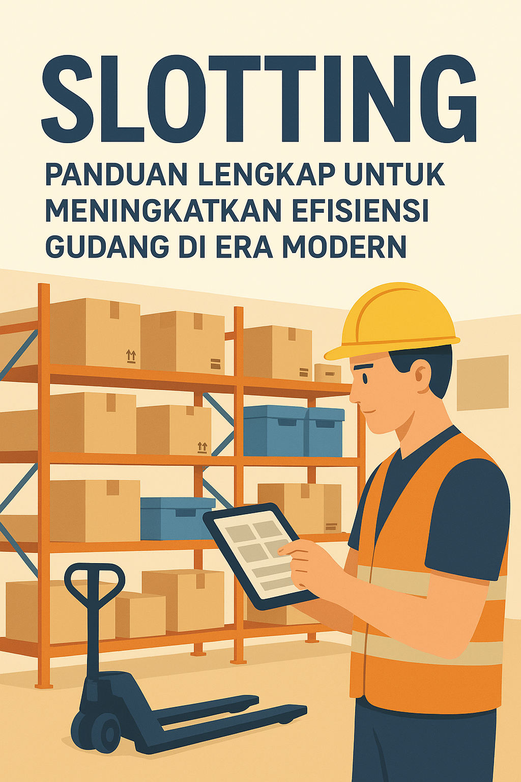 Ilustrasi pekerja gudang menggunakan tablet untuk slotting, meningkatkan efisiensi penyimpanan di era modern